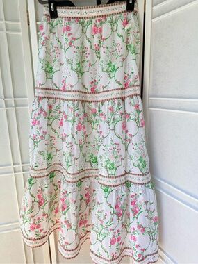 White Floral Tiered Maxi Skirt with Pink & Green Print